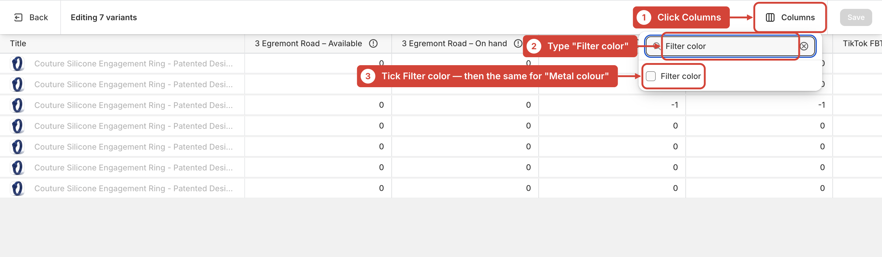 Bulk editor, Columns picker with Filter color