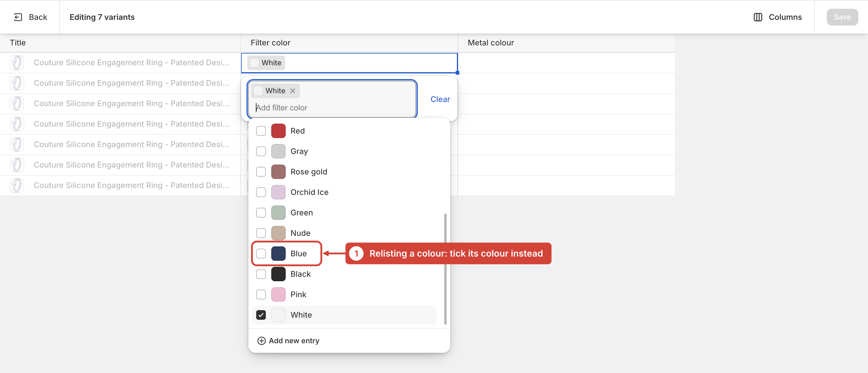 Cell editor open with a colour in the list highlighted